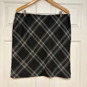 Eddie Bauer Wool Blend Plaid Short Pencil Skirt Charcoal Gray L Preppy Tartan